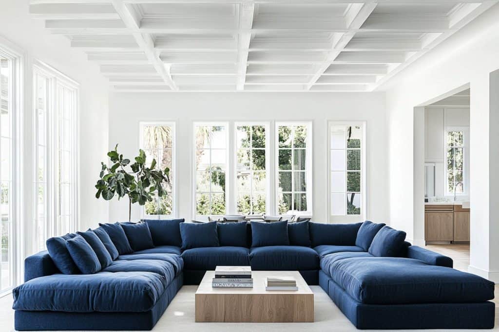 A minimalist living room with a deep blue U-shaped sectional sofa placed in front of large windows, offering ample natural light. A low, square wooden coffee table sits in the center, and a tall indoo
