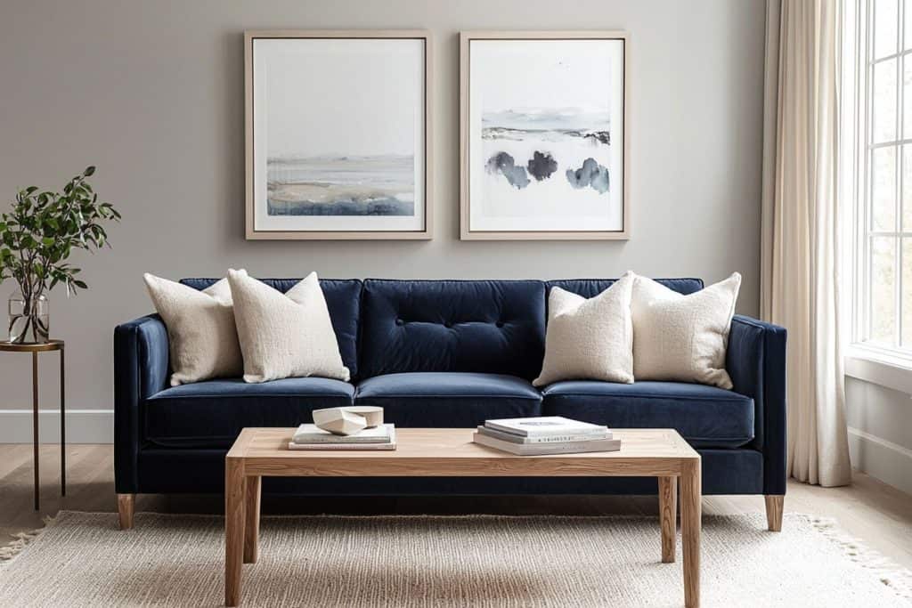 A cozy living room with a deep blue velvet sofa, adorned with light-colored pillows. The walls are decorated with two framed abstract prints, and a simple wooden coffee table complements the minimalis