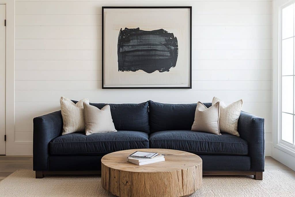 A living room with a dark blue sofa placed against a white shiplap wall, featuring beige pillows. A wooden coffee table and large abstract art add texture and simplicity to the modern space.