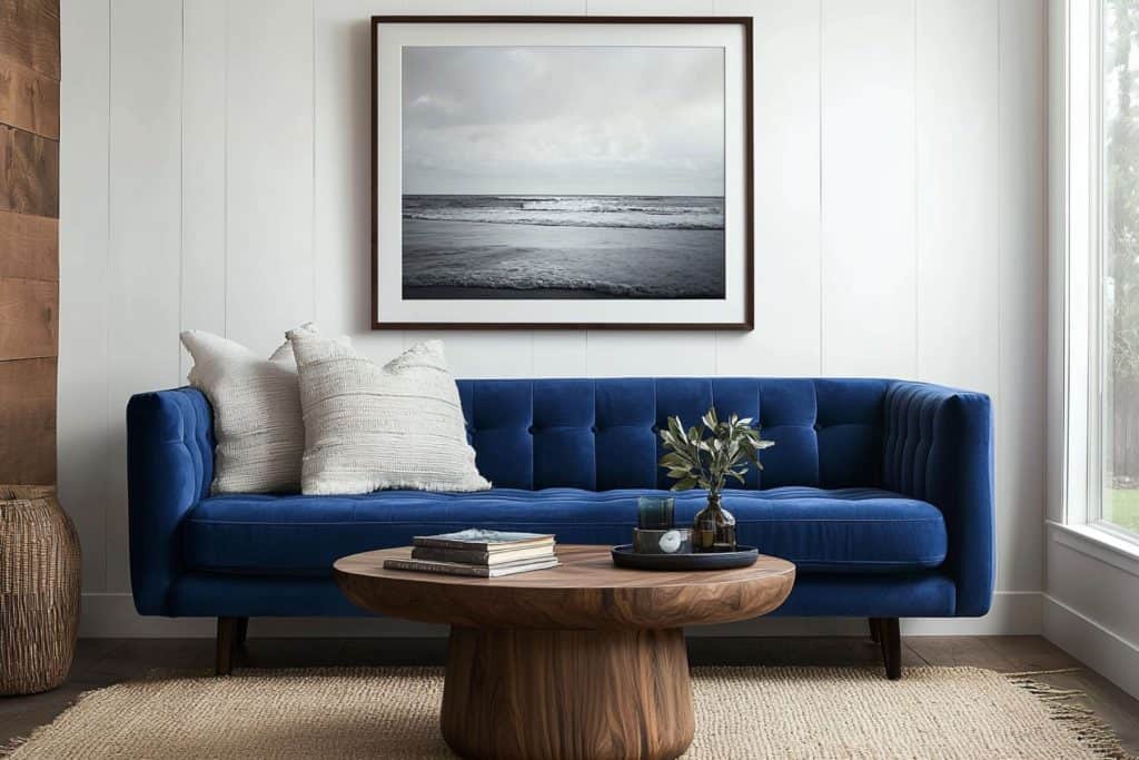 A mid-century modern living room with a blue tufted sofa under a framed seascape print. The space includes a round wooden coffee table with books and plants, and a woven basket in the corner.