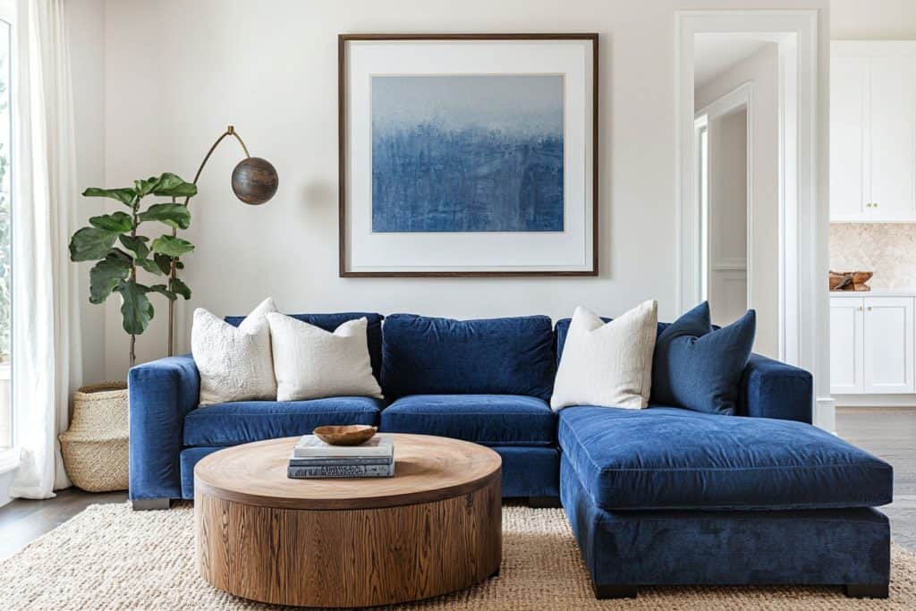 A cozy sectional sofa in deep blue velvet with neutral throw pillows, placed against a light wall with modern artwork. A large round wooden coffee table sits in the middle, enhancing the relaxed, cont