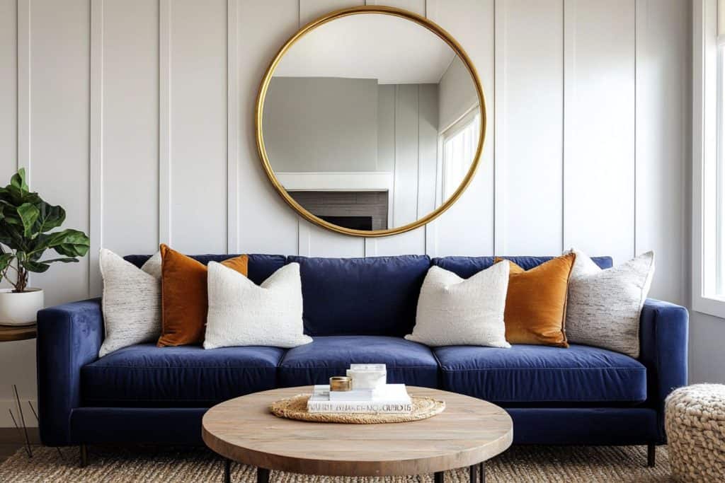 A stylish living room with a blue velvet sofa, paired with orange and beige pillows. A round mirror above the sofa reflects light, while a round wooden coffee table completes the design.