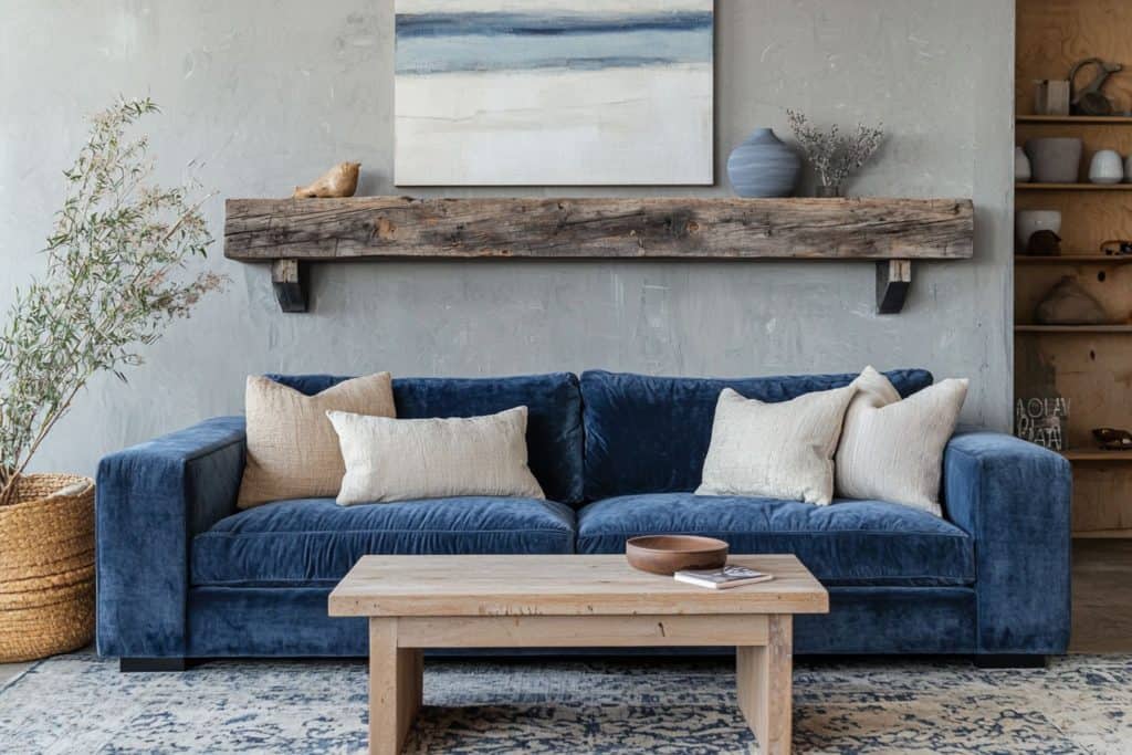 A rustic yet elegant living room featuring a blue velvet sofa, a wooden coffee table, and a large abstract painting above the mantel. The space is brightened by greenery and a mix of textures from the