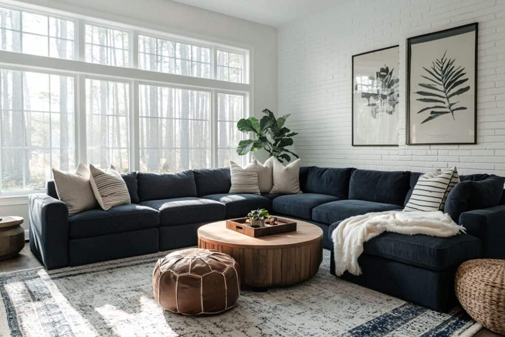 A well-lit living room with a navy blue sectional, complemented by beige and striped pillows. A round wooden coffee table sits in the center with decor, and a large indoor plant is placed near the win