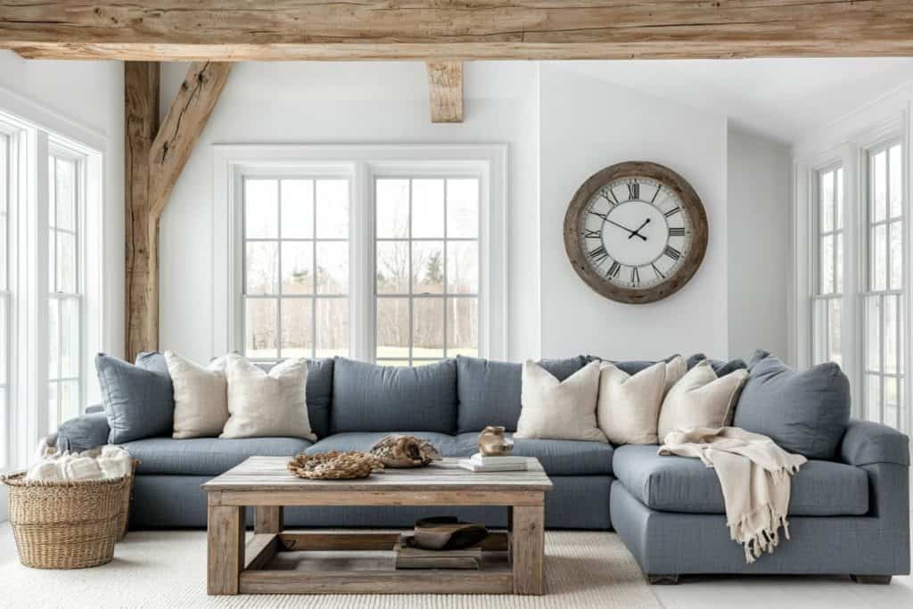 A bright, rustic living room with a light blue sectional, neutral pillows, and a textured blanket. Large windows and wooden beams bring a farmhouse vibe, along with a decorative clock on the wall.