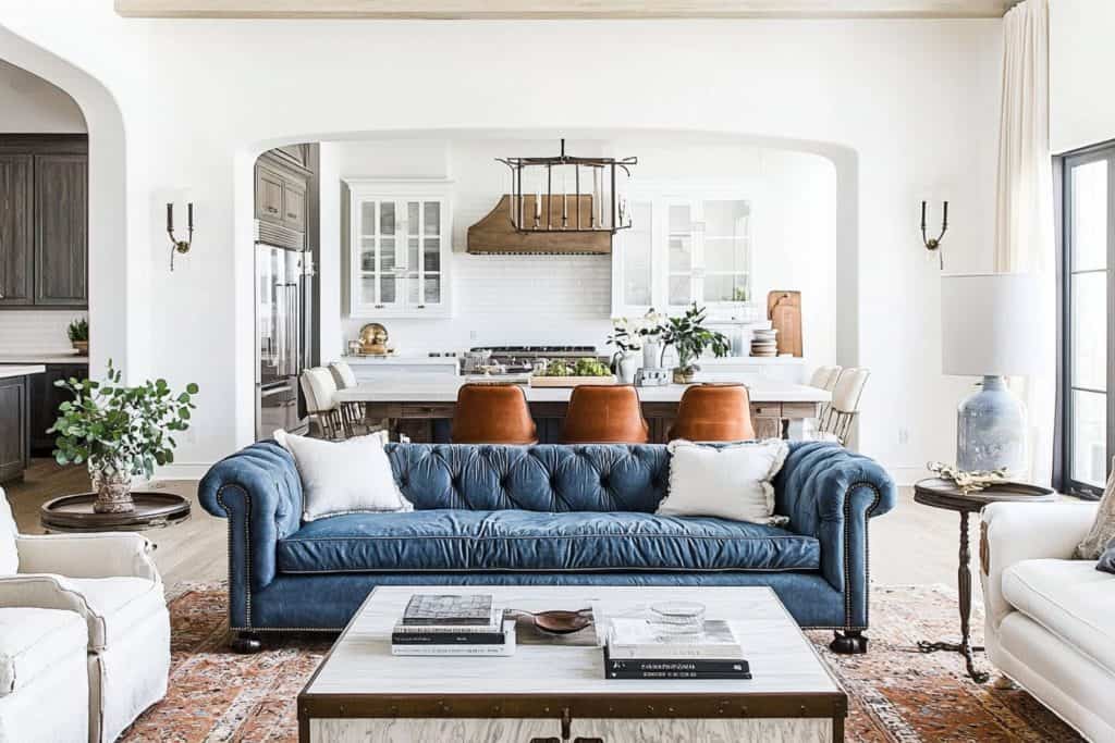 A modern living room with a blue tufted sofa placed centrally under framed art. Large windows with black frames and wooden beams add contrast, while fluffy white ottomans provide extra seating.