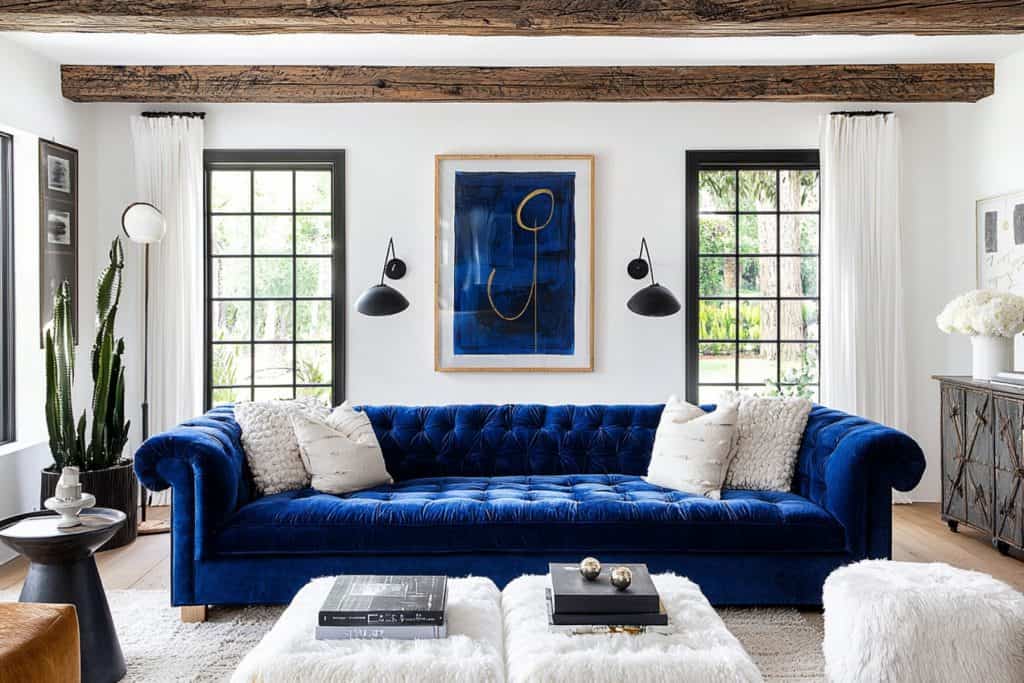 An inviting living room with a plush blue sofa, surrounded by large windows. Light-colored pillows and decor create a bright and airy atmosphere, complemented by a wicker coffee table and large plant.