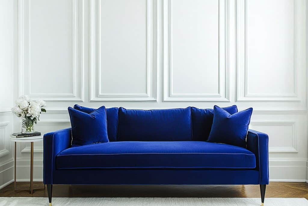 A cozy, stylish living room with a blue couch, accented with fluffy pillows and a textured area rug. The room includes greenery in the corner, along with light pouring in from large windows.