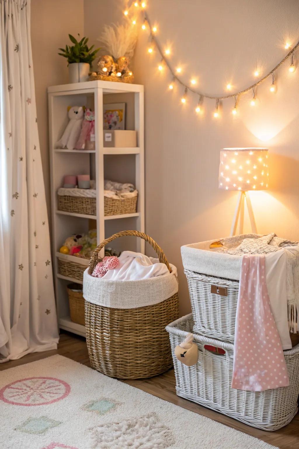 Woven baskets provide a natural storage solution for toys and clothes.
