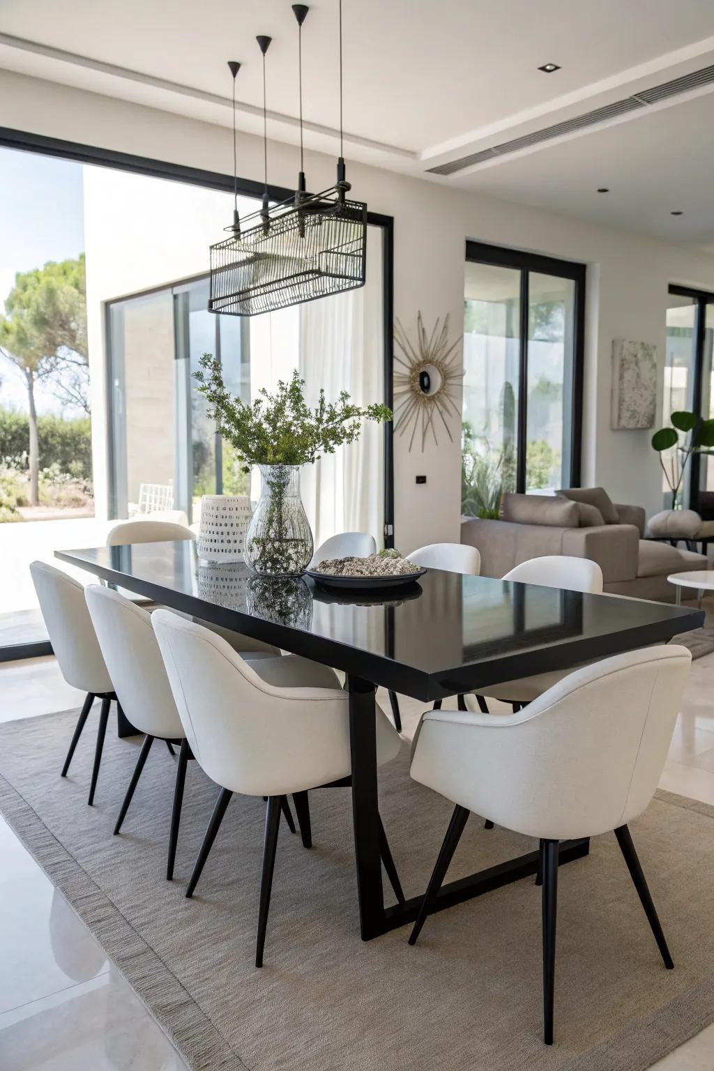 A bold monochrome dining room with a black table and white chairs.
