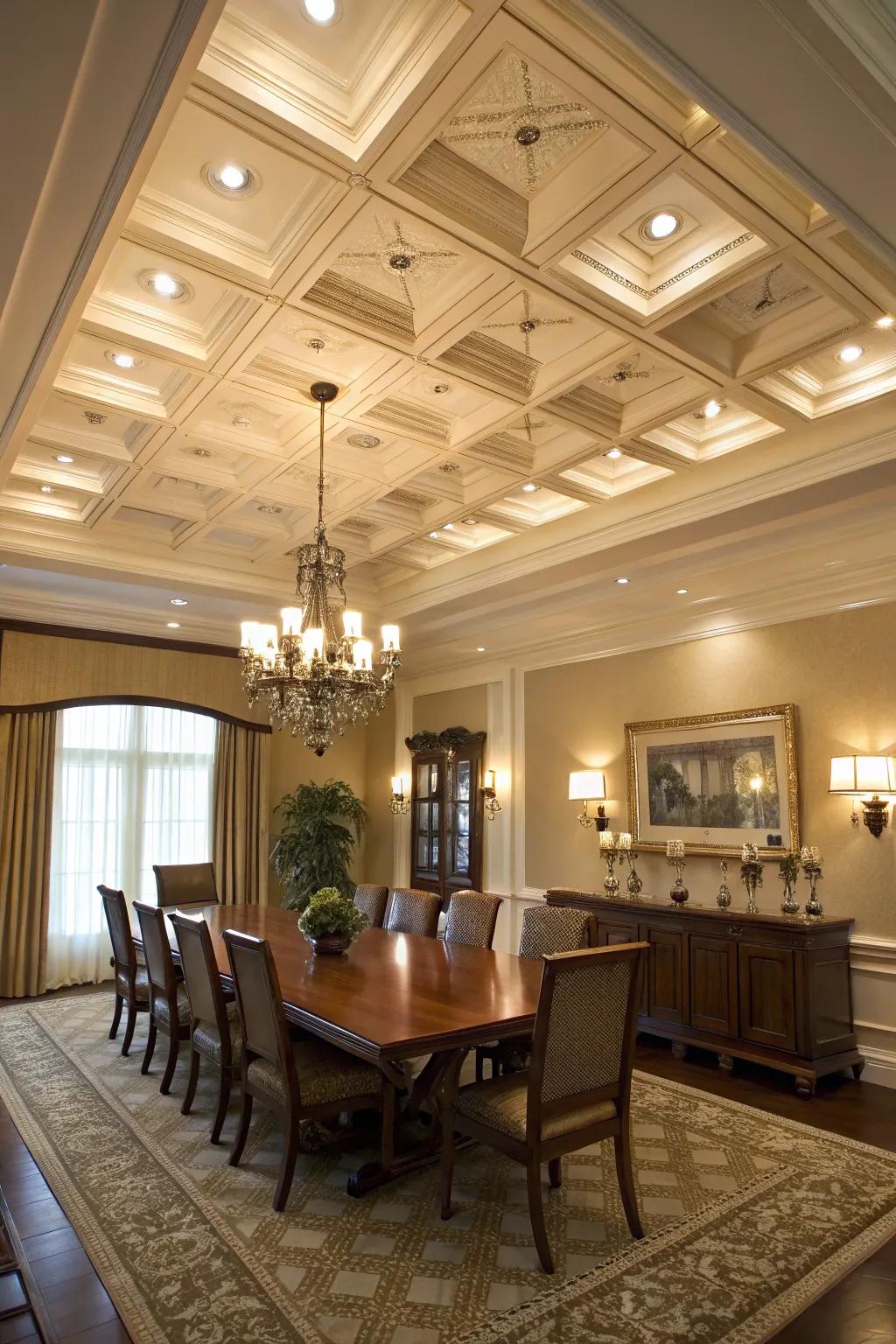 Coffered ceilings add a structured elegance to this dining space.