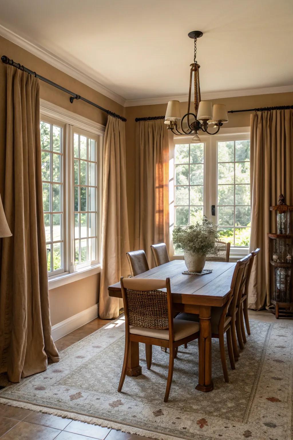 Earth-toned curtains add warmth and harmony to your dining space.