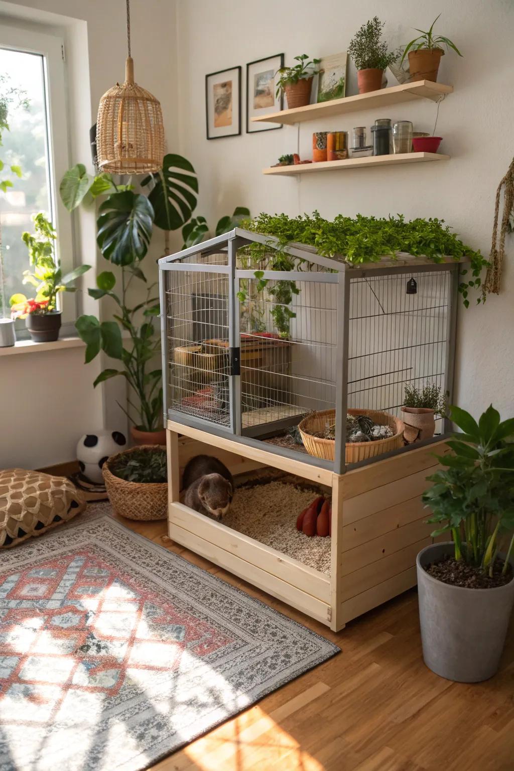 A corner cage maximizing space in a small, stylishly decorated room.