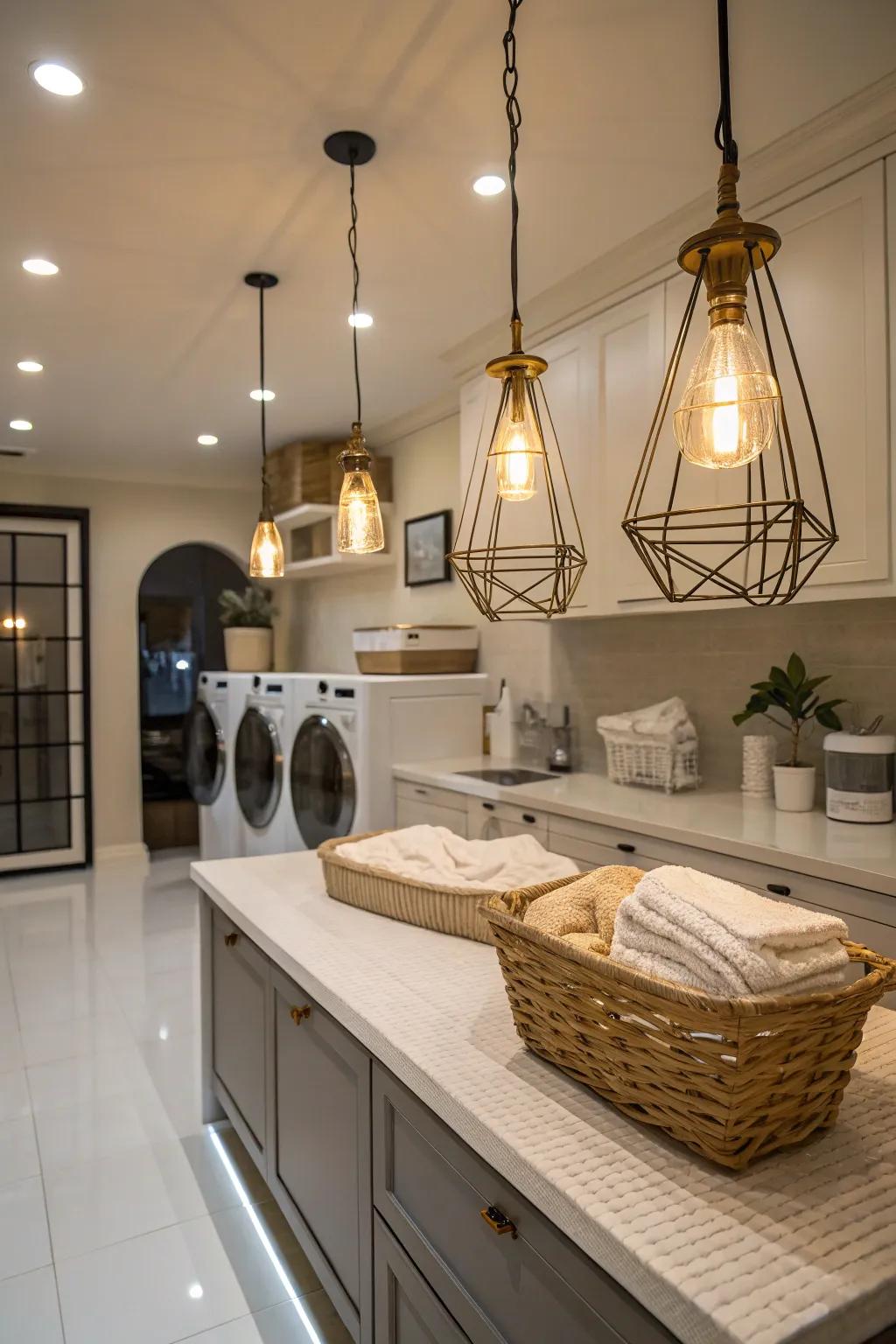 Stylish pendant lights providing focused illumination in a modern laundry room.