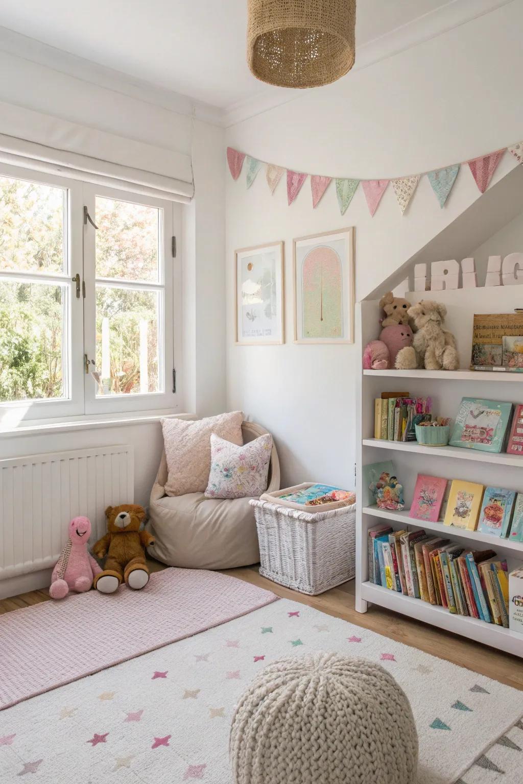 Neutral tones create a soothing backdrop for a minimalist kids room.