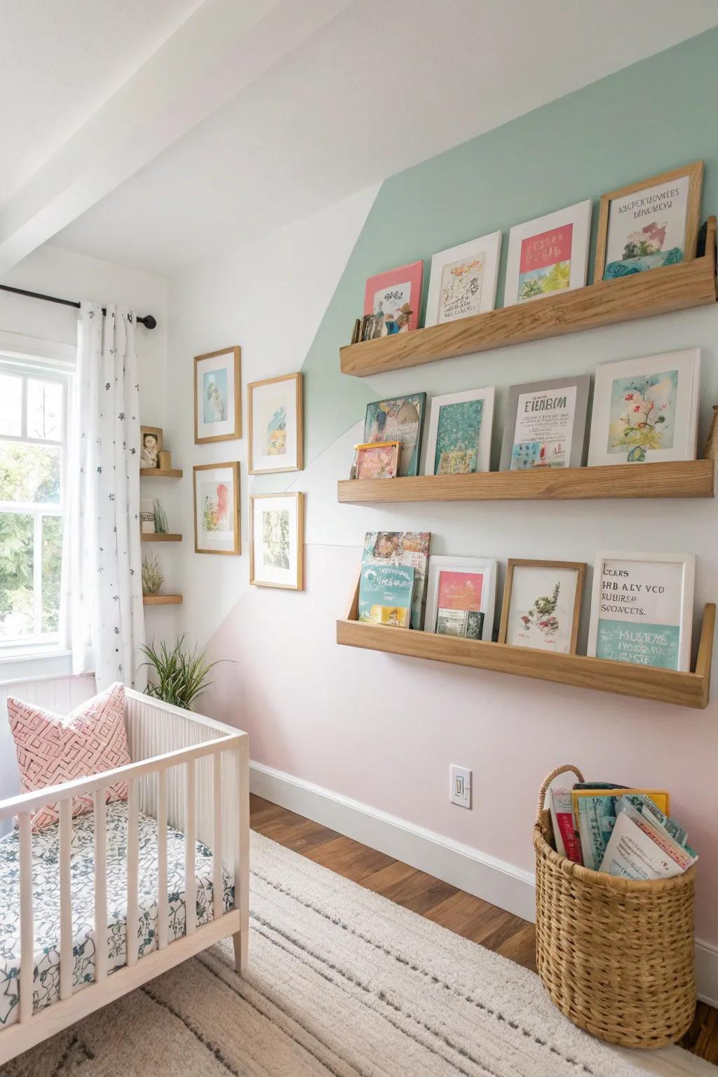 Floating shelves in a modern nursery, perfect for a clean aesthetic.