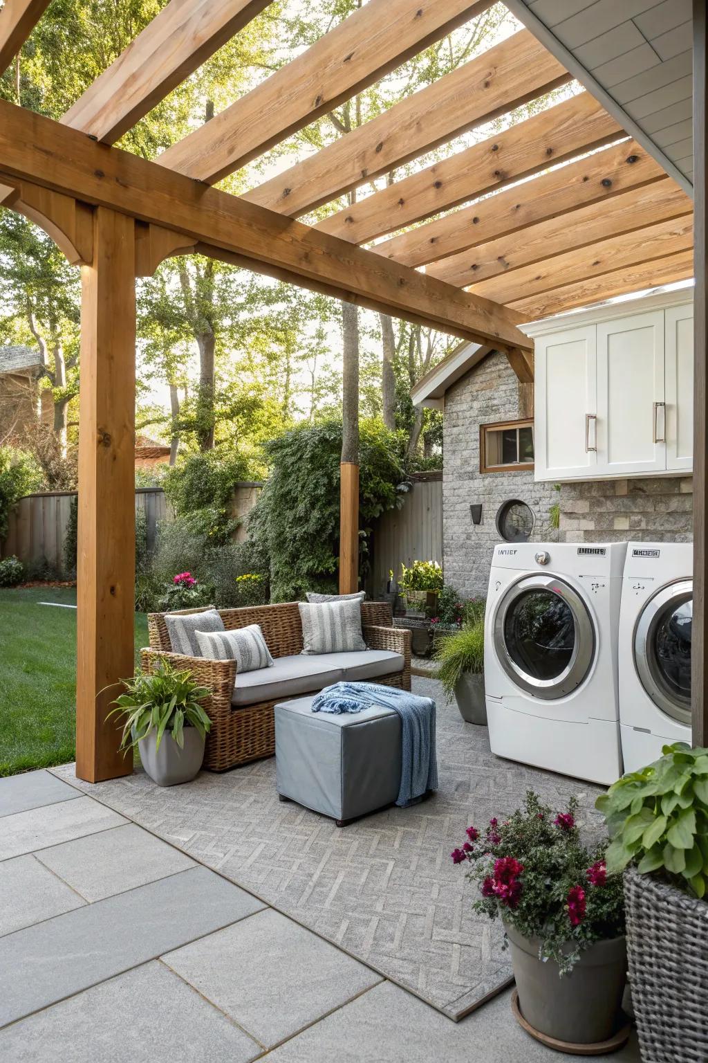 A picturesque laundry space under a protective pergola.