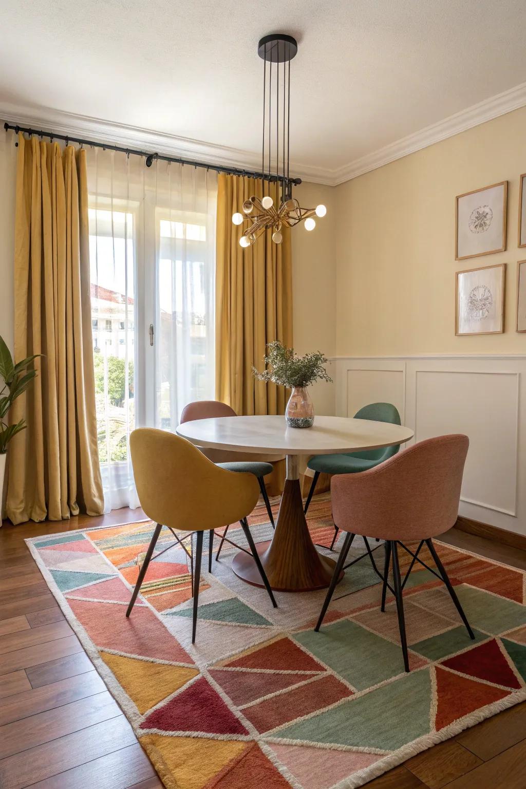 A color-coordinated rug enhances the harmony of this dining space.