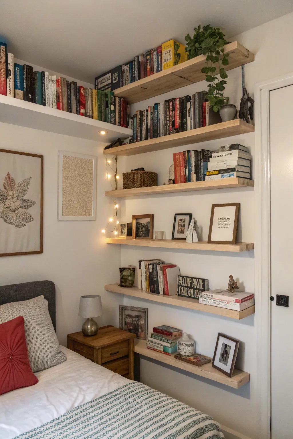 Utilizing vertical space with floating shelves to keep the room organized and stylish.