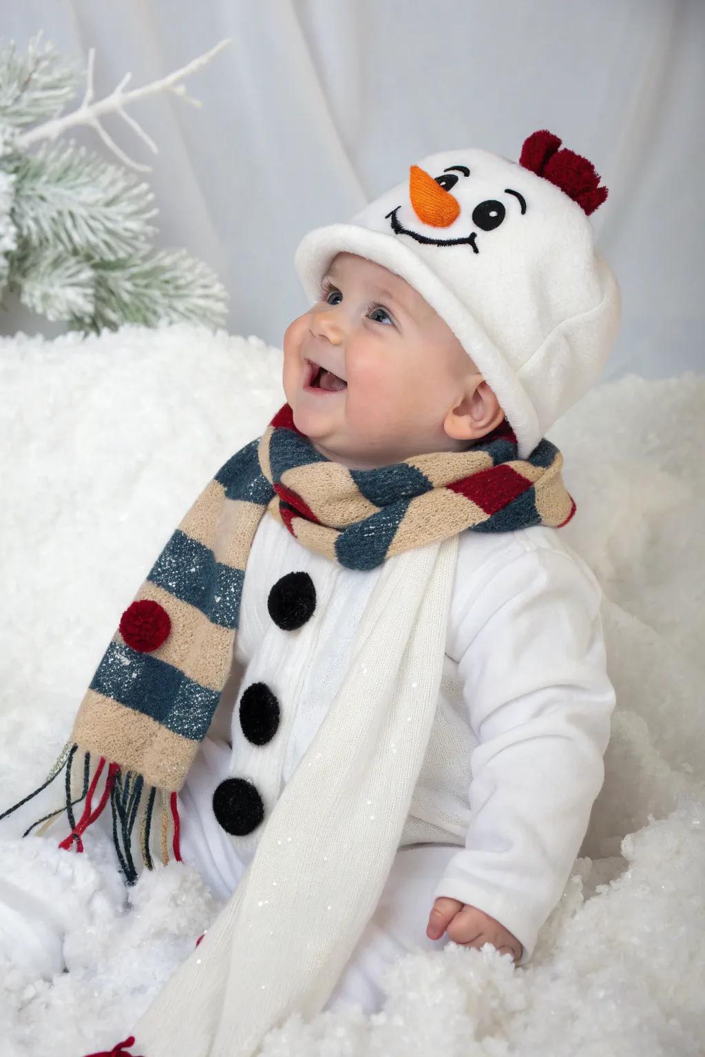 Capture the charm of winter with a snowman-themed baby photoshoot.