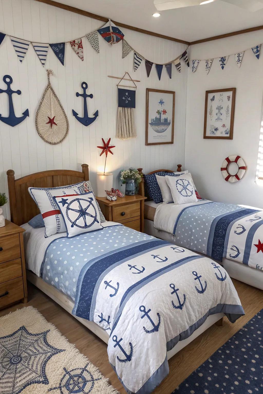 Themed decor elements add a cohesive touch to the room.
