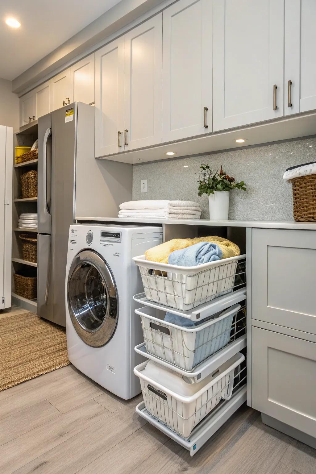 Make use of under-sink space with hidden hamper storage.