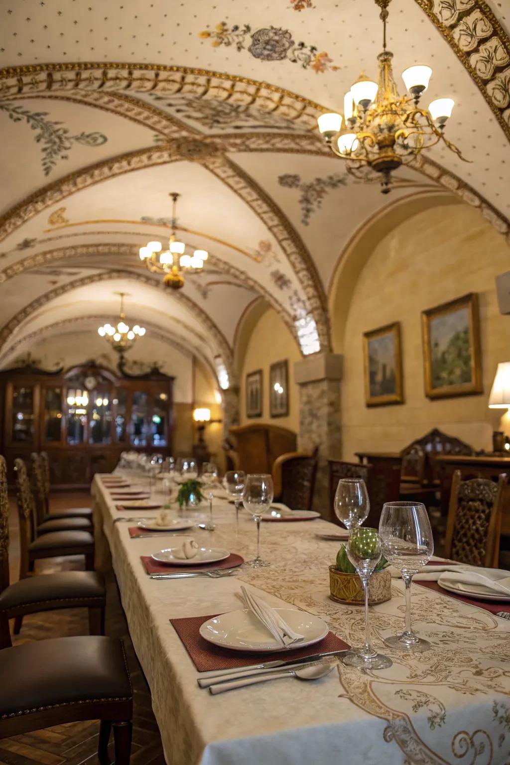 A barrel vault ceiling introduces elegance and grandeur to this dining room.