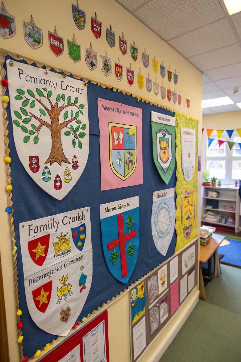 A bulletin board displaying a variety of handmade family crests, each unique to the child's family.