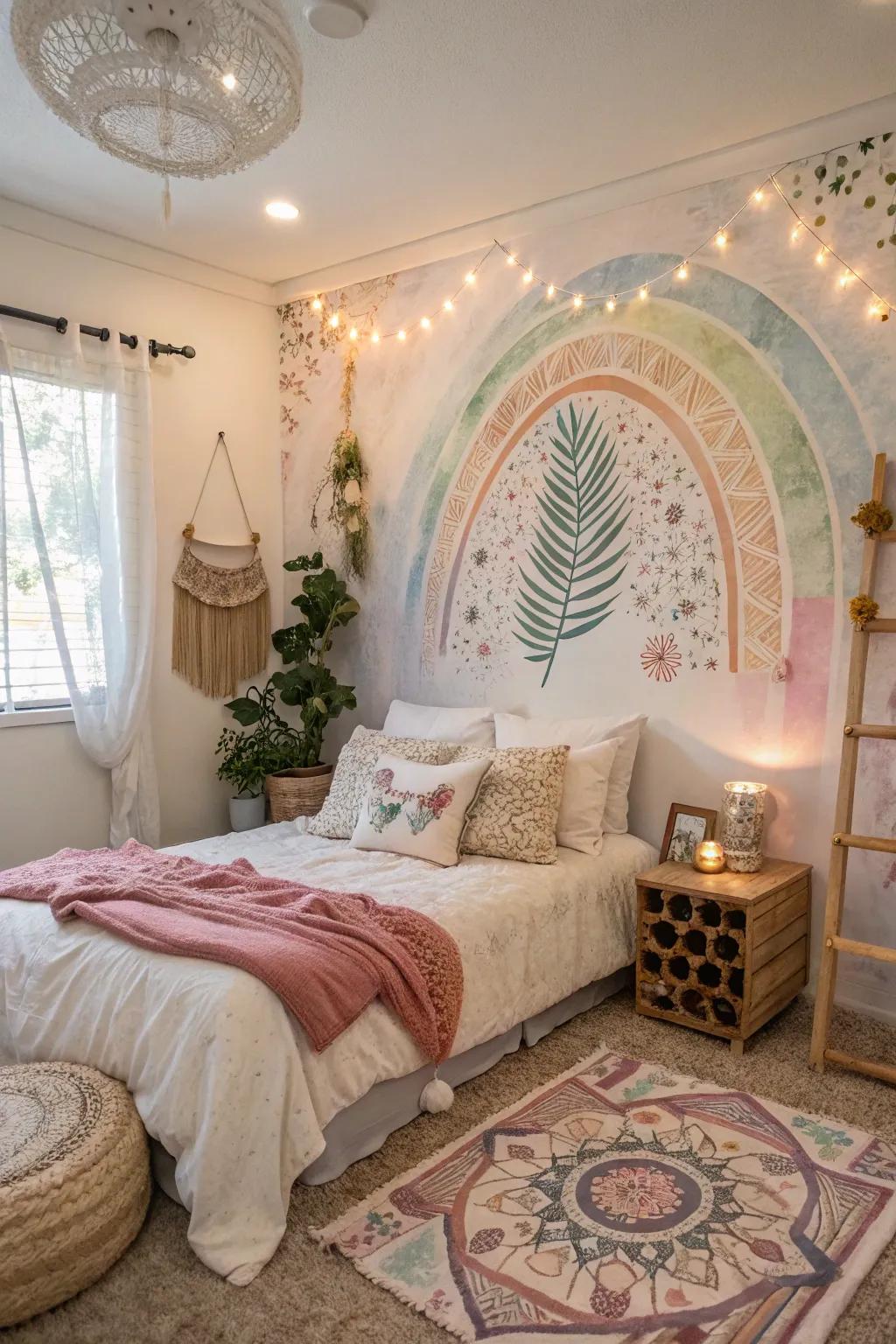 A boho mural acts as a stunning focal point in the room.