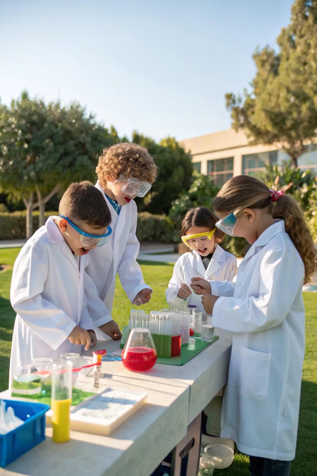 Young scientists conducting experiments at a backyard science station.
