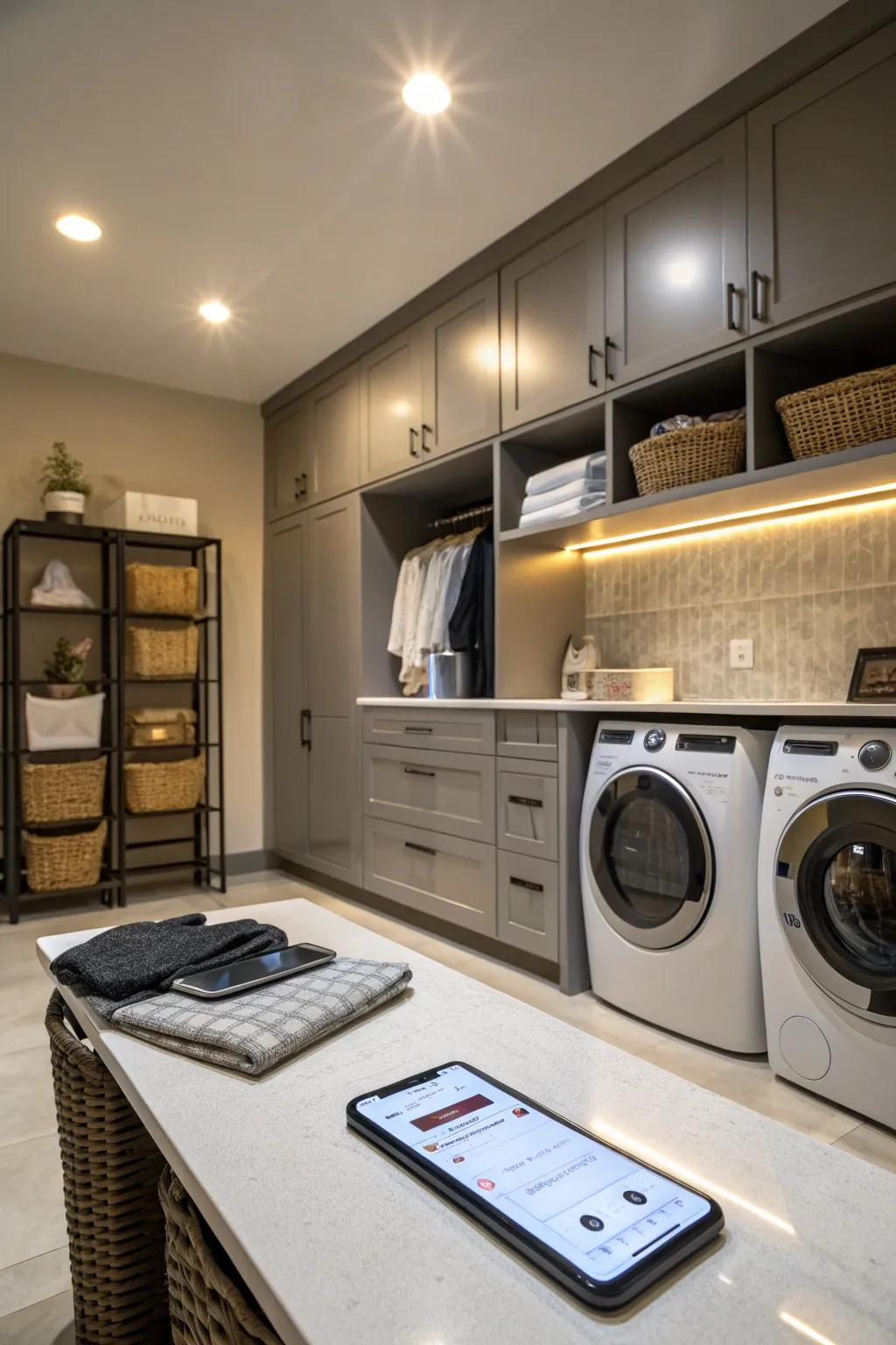 Convenient smart lighting setup in a high-tech laundry room.