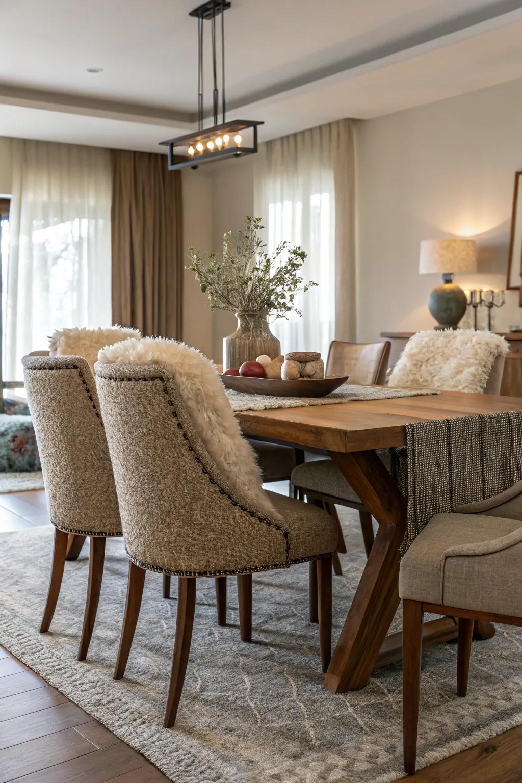 Textured fabrics add warmth and comfort to the dining area.
