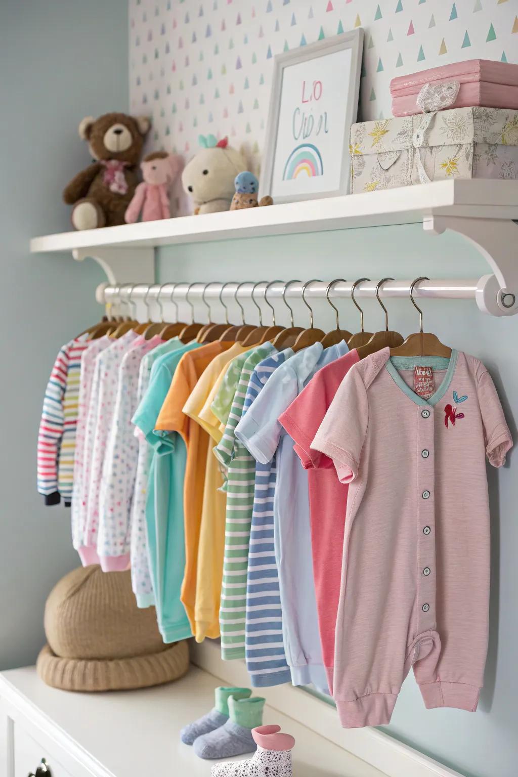 Hooks under shelves offer extra functionality and organization.