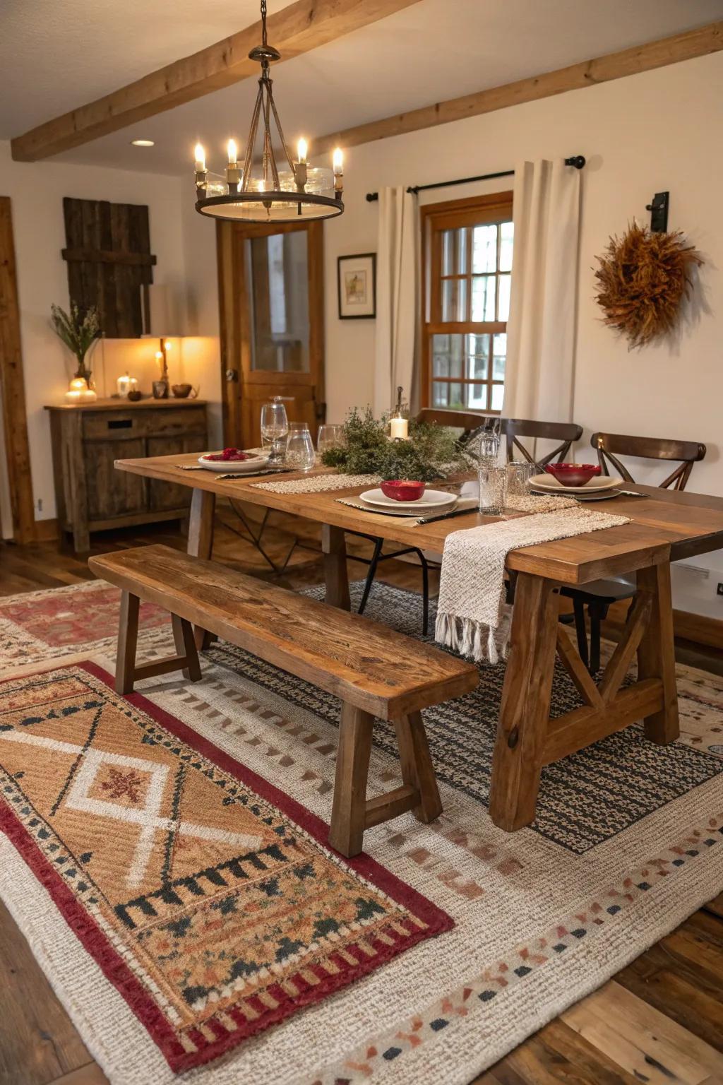 Layered rugs introduce depth and texture to the dining space.