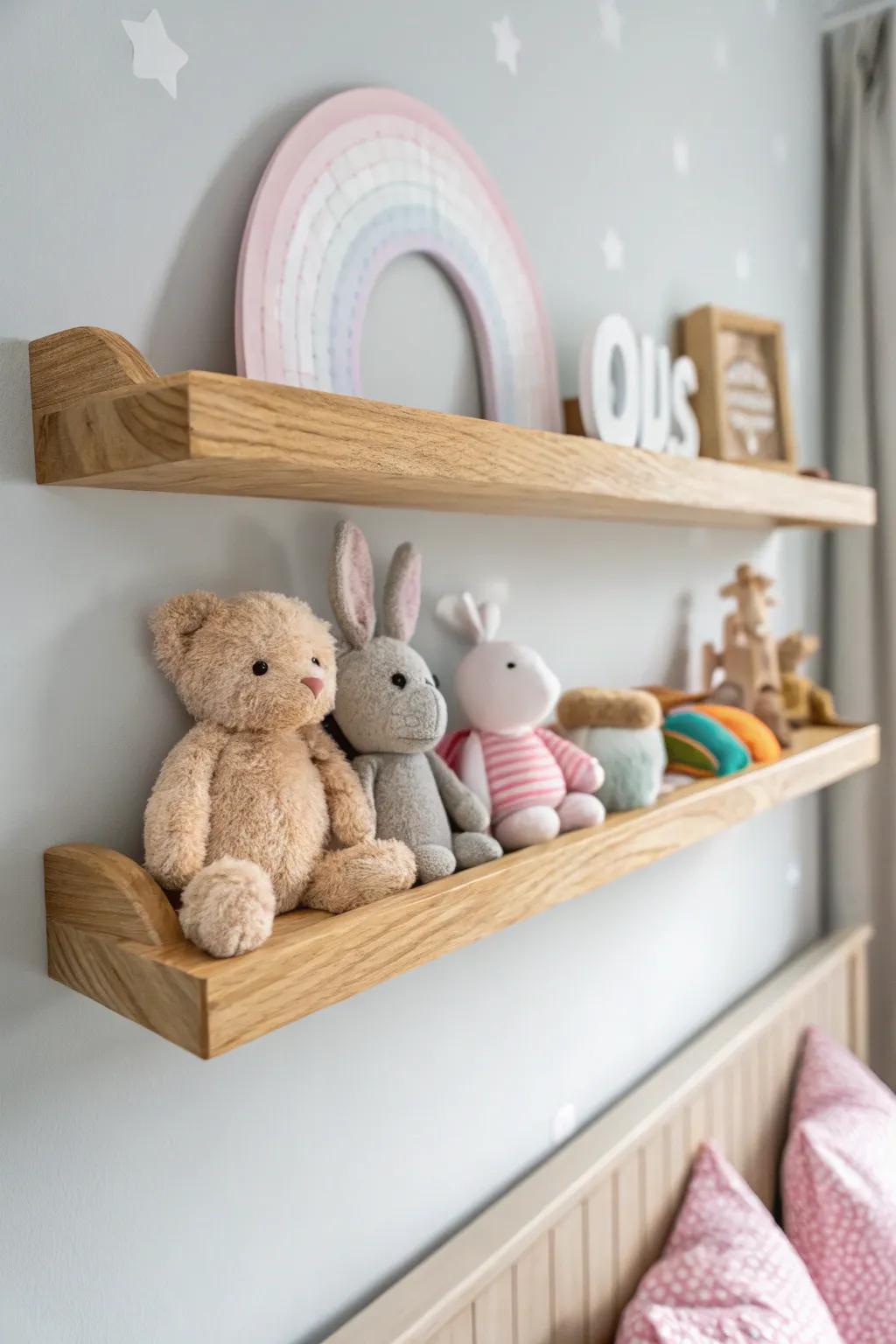 Chic and tidy: Floating shelves bring a touch of Scandinavian charm to your child's room while showcasing their favorite stuffed friends.