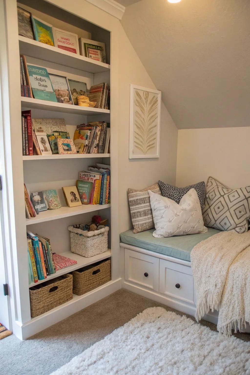 A reading nook with storage creates a cozy space for storytime.