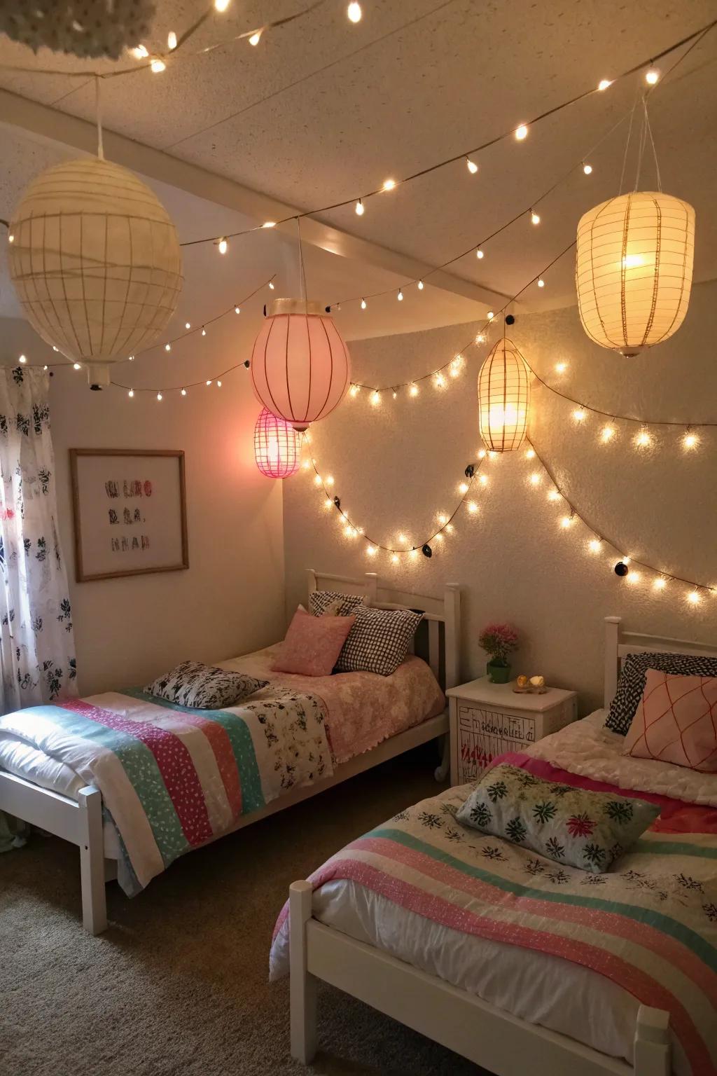 Whimsical lighting creates a cozy and magical ambiance.