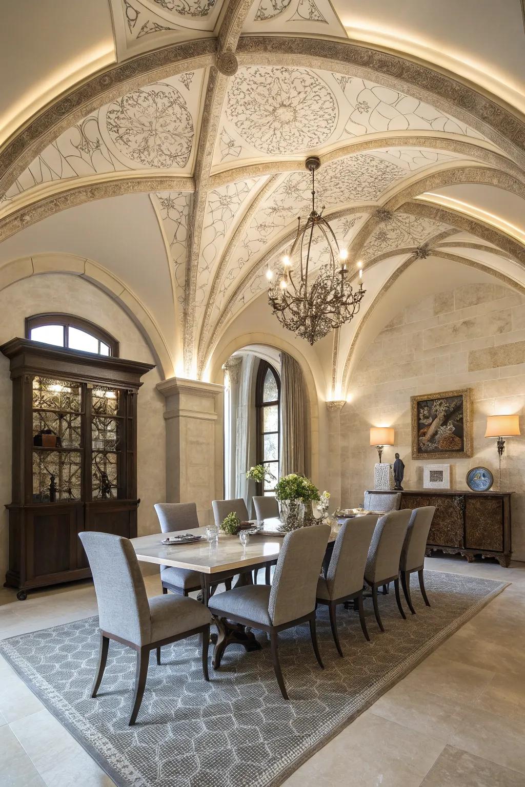 Groin vault ceilings bring architectural interest to this sophisticated dining room.