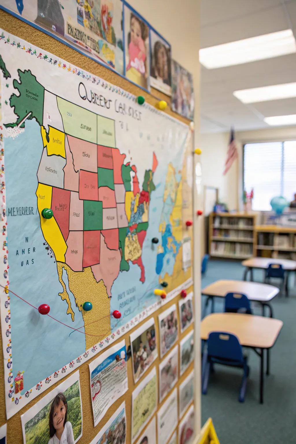 An adventurous bulletin board map with pins marking family travel destinations.