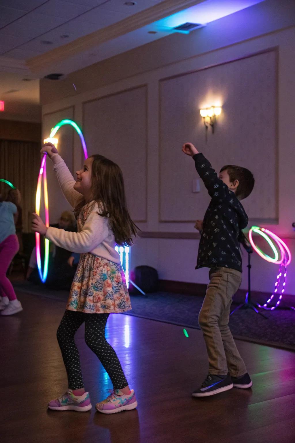 A vibrant glow stick dance party in full swing.