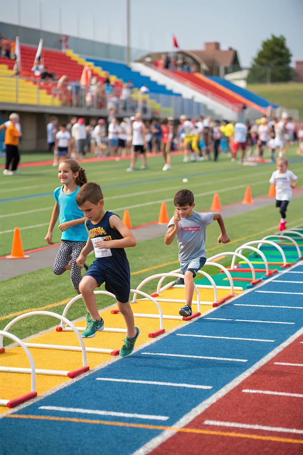 Children enjoying a mini Olympics with various activities.