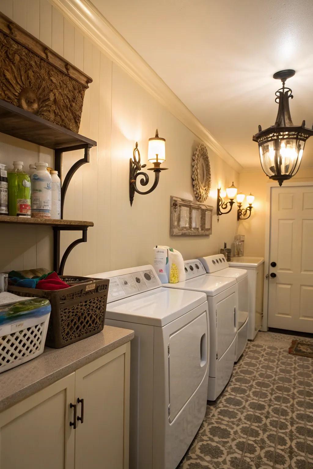 Charming wall sconces enhancing the style of the laundry room.
