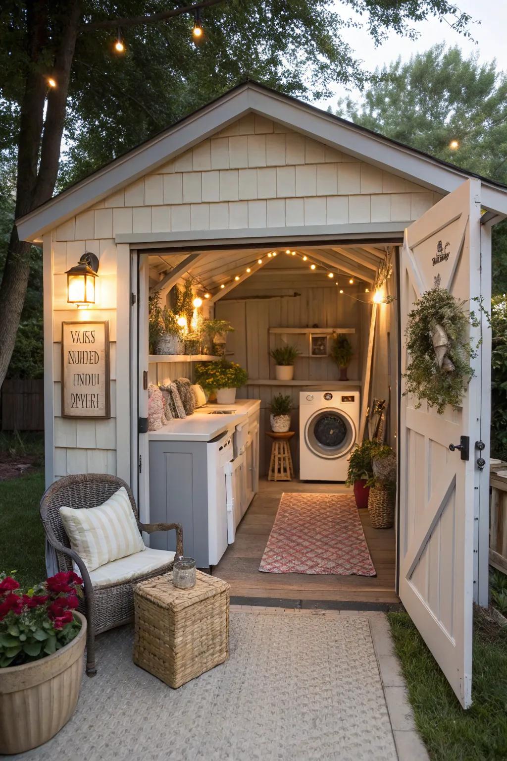 A she shed combines laundry tasks with personal retreat.