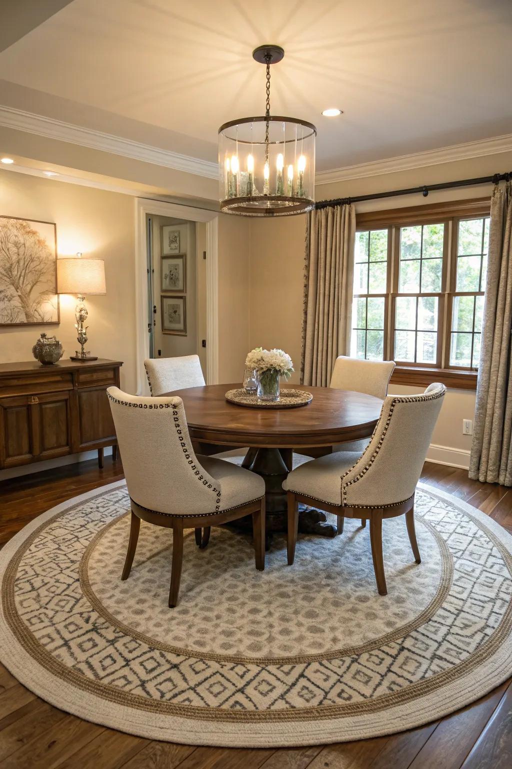 Round rugs enhance the symmetry of round dining tables.