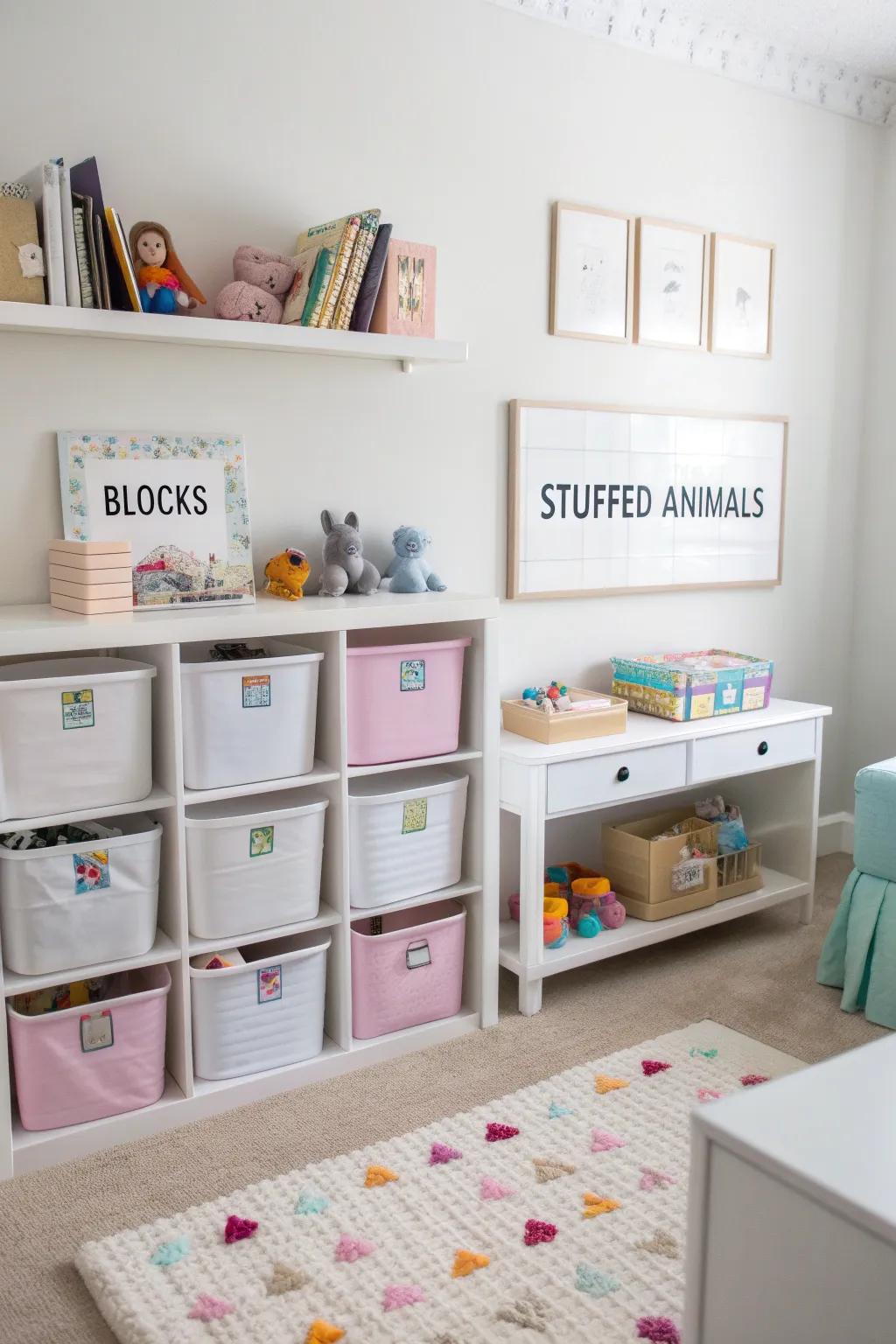Labeled bins simplify clean-up and teach organization.