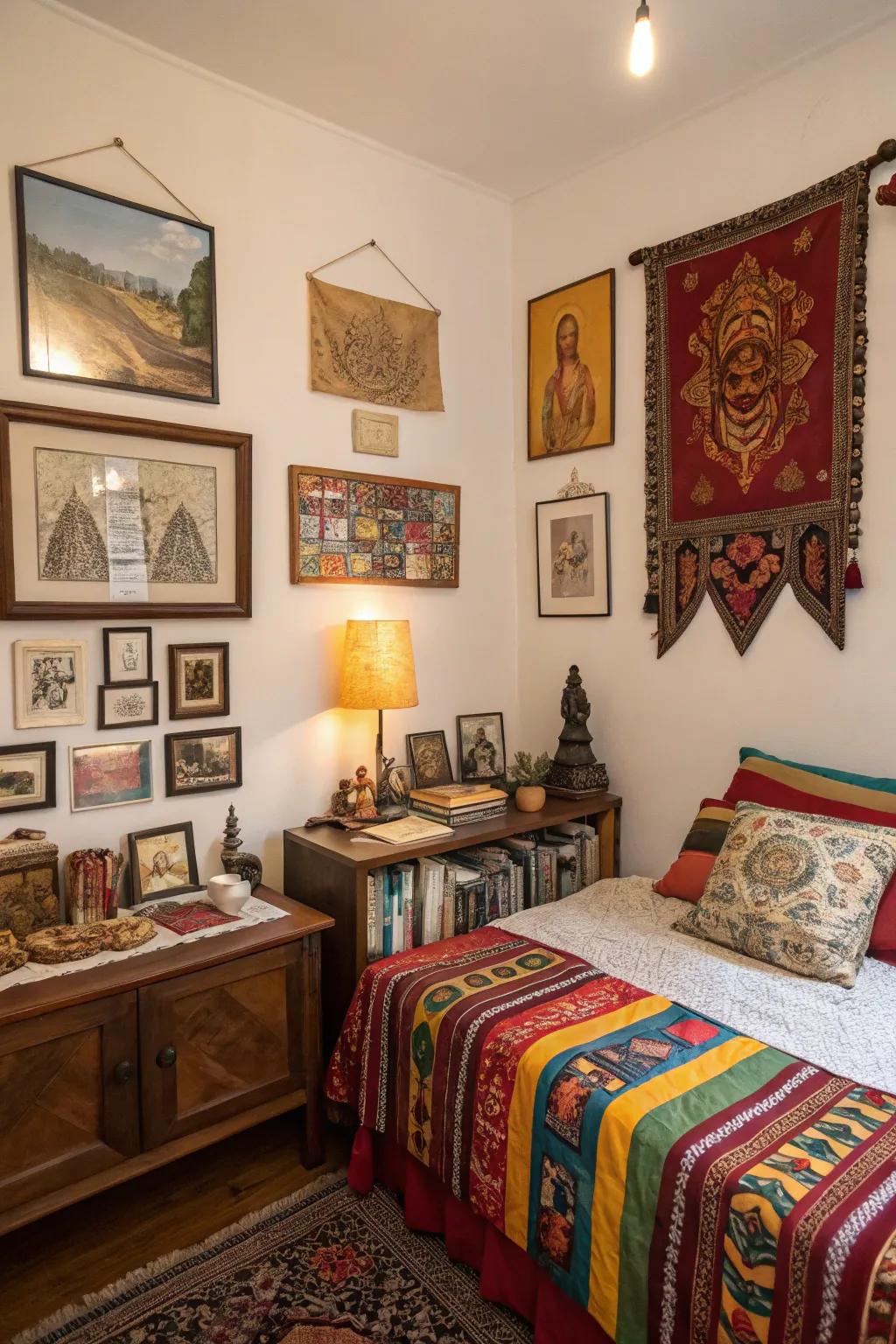 Cultural touches personalize the space with artistic flair.