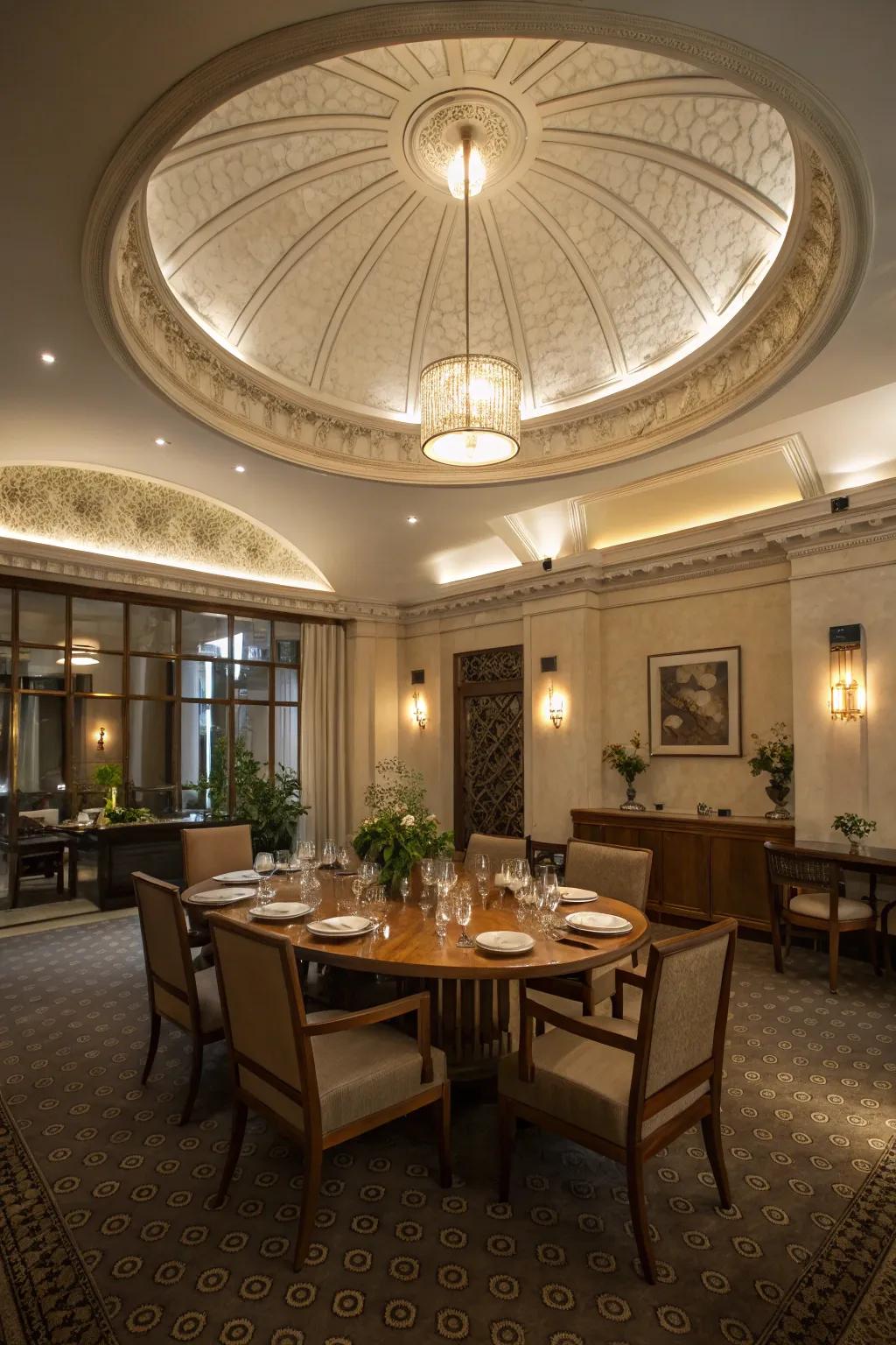 An oval dome ceiling captivates with its central elegance and lighting.