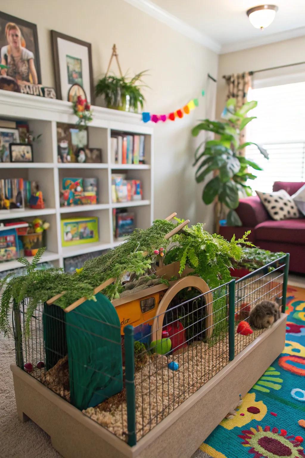 A jungle-themed cage with vibrant decor, adding character to a lively family room.