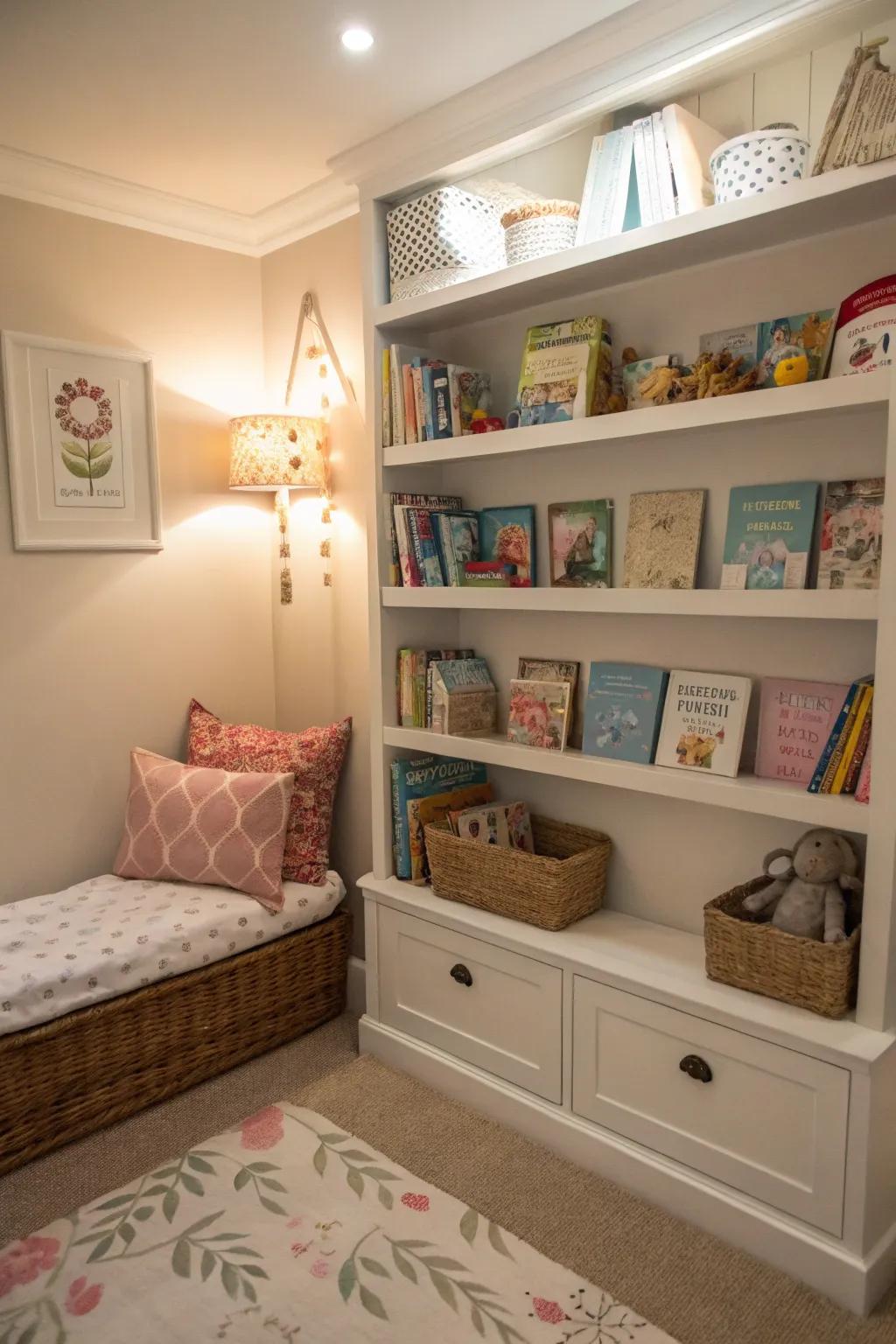 Custom shelving in nooks maximizes space efficiency.