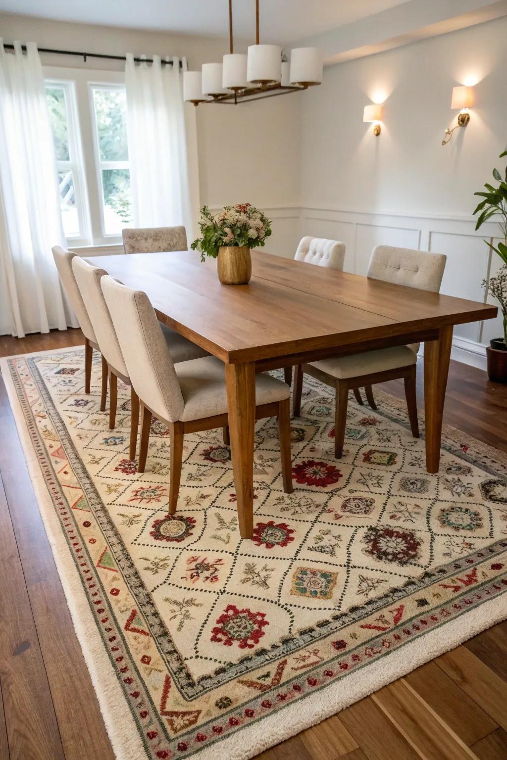 Patterned rugs paired with solid furniture create a vibrant contrast.
